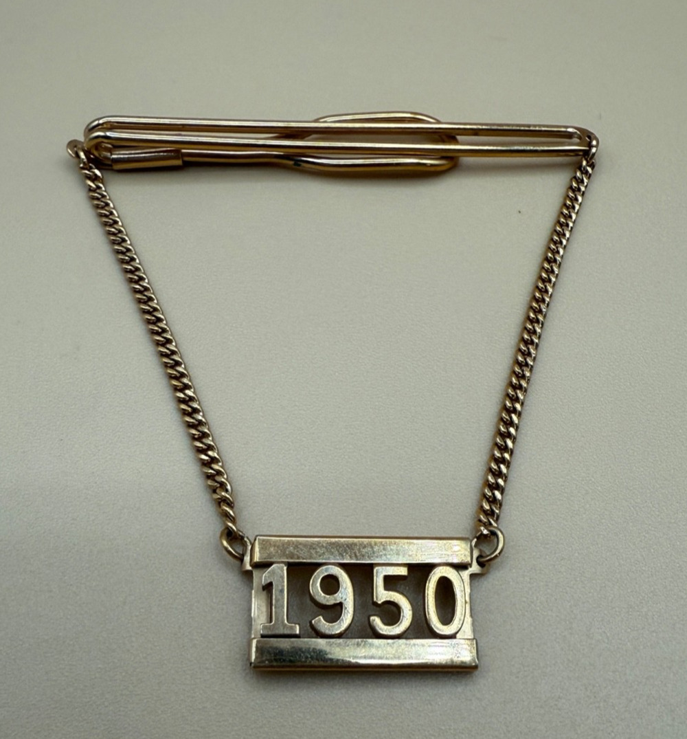 ⭐ Vintage SWANK 1950 Tie Bar Clip w/ Chain Dangle Gold Tone Anniversary Birthday